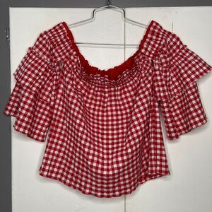 Misa Los Angeles Sabina Gingham Off The Shoulder Top Small Ruffle Blouse Top Red
